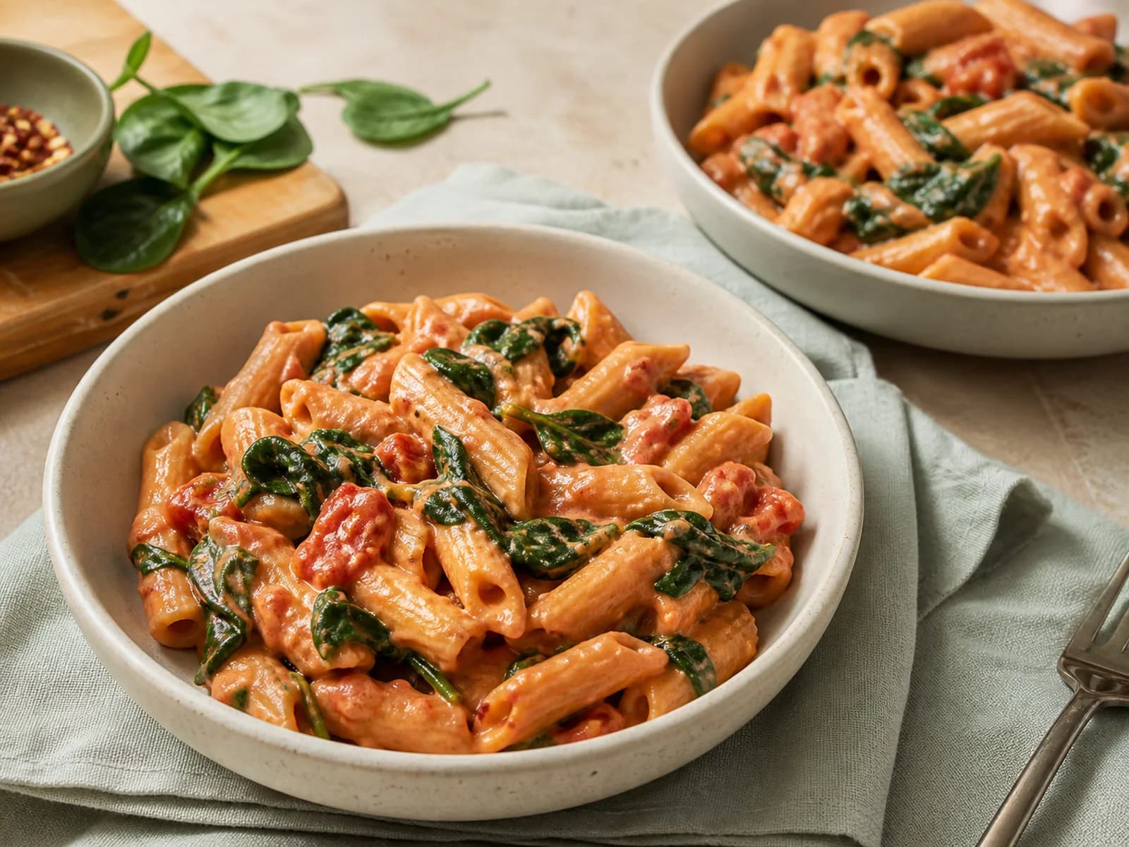 Creamy tomato and spinach pasta for two