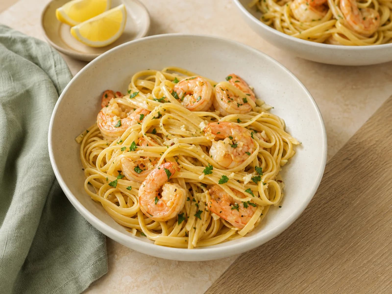 Garlic butter prawn pasta for two