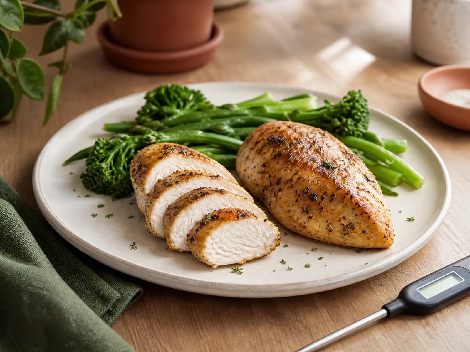 Two golden air-fried chicken breasts, one sliced, with green vegetables and a probe thermometer