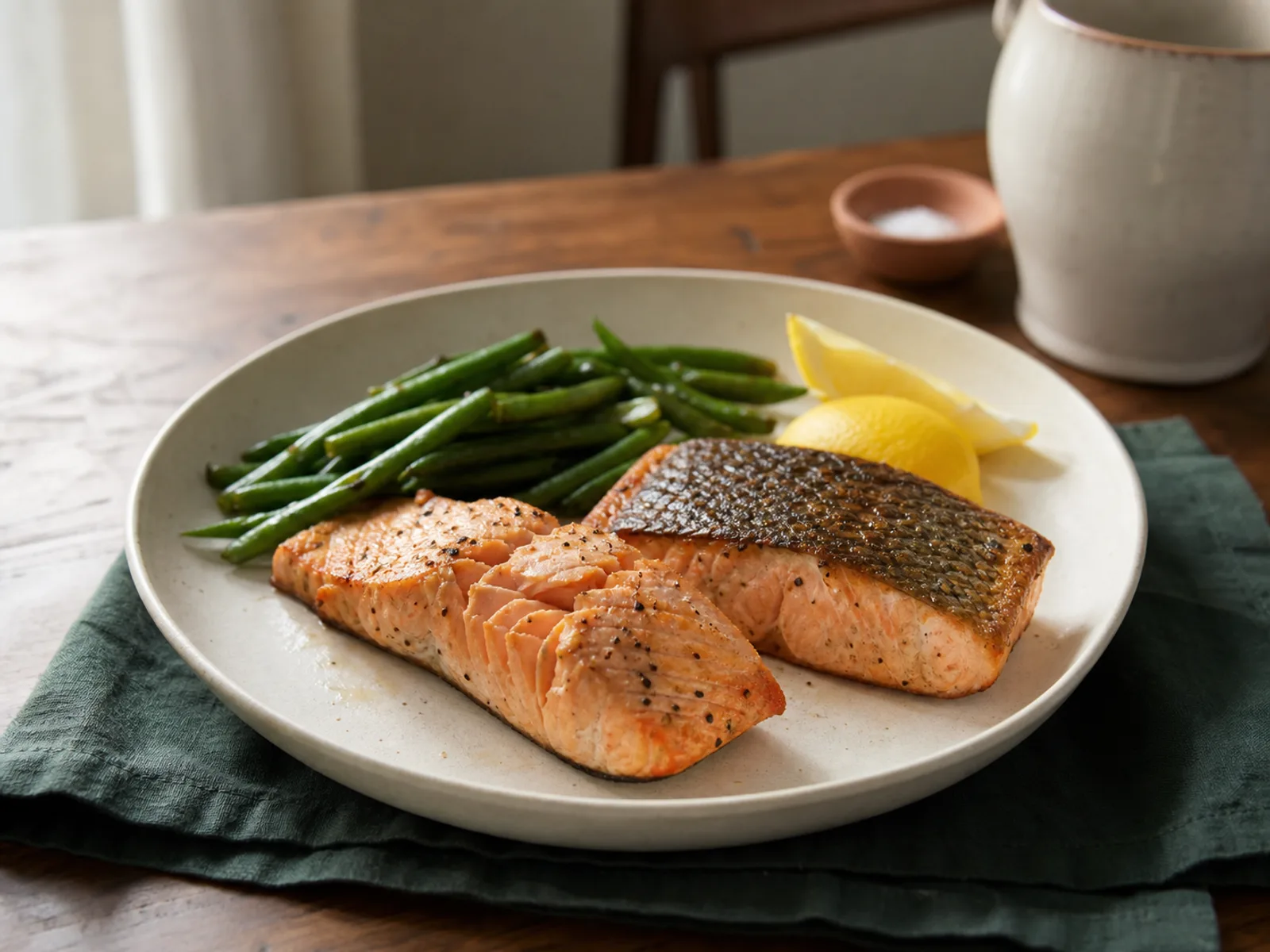 Two air-fried salmon fillets with crisp skin, lemon and green beans