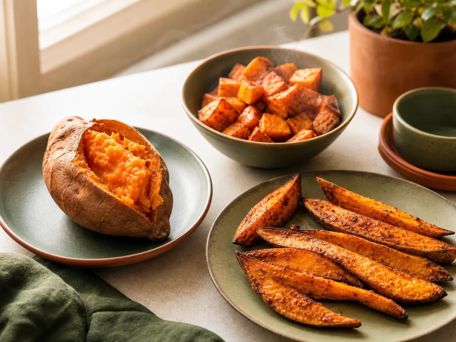 Whole, cubed and wedged air-fried sweet potatoes on green plates