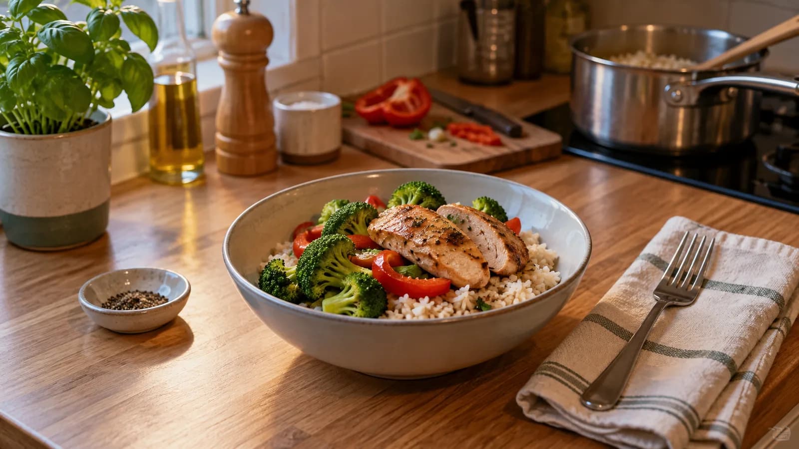 A sensible single-serving dinner representing easy dinners for one in a home kitchen