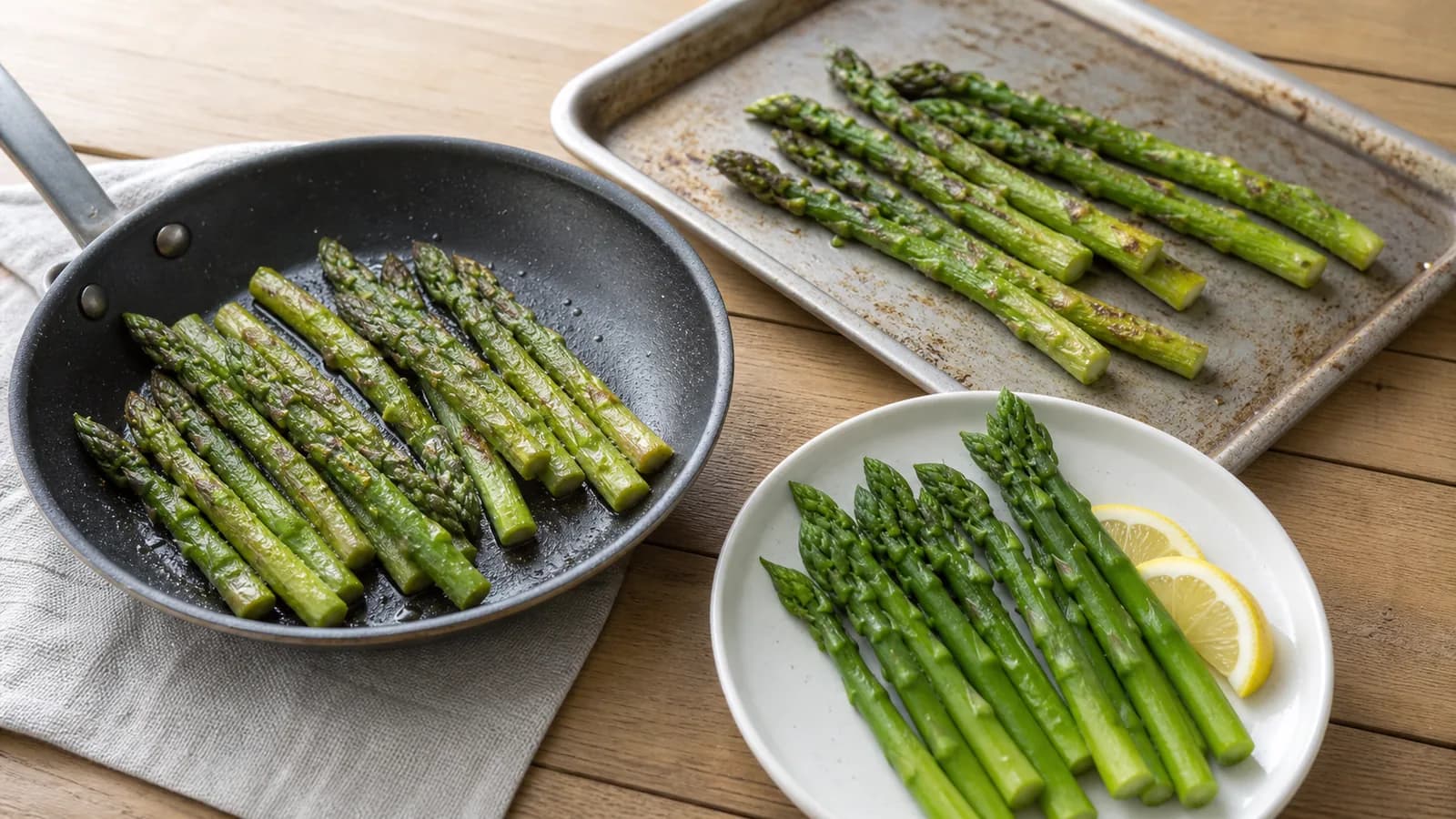 Asparagus pan-fried, roasted and steamed with lemon