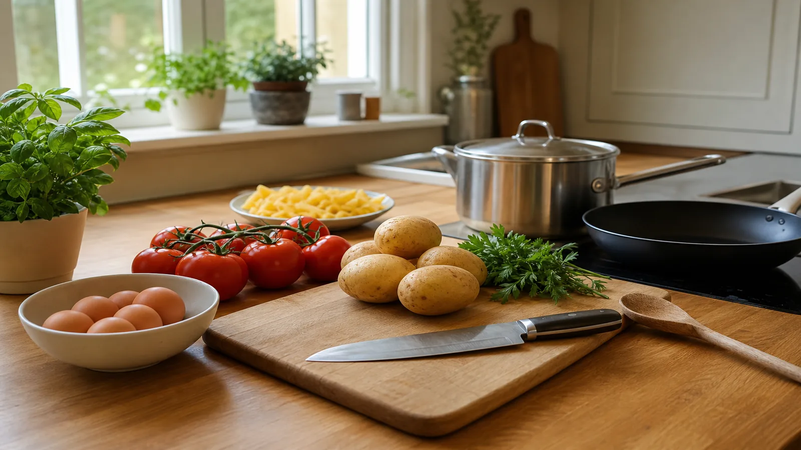 Basic pans, utensils and everyday ingredients in a welcoming home kitchen