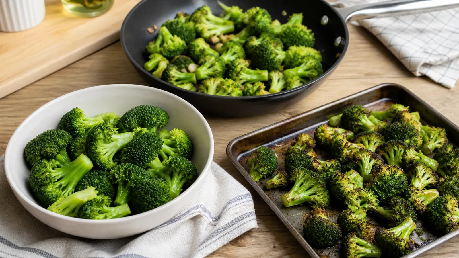 Broccoli steamed, roasted and stir-fried in a home kitchen