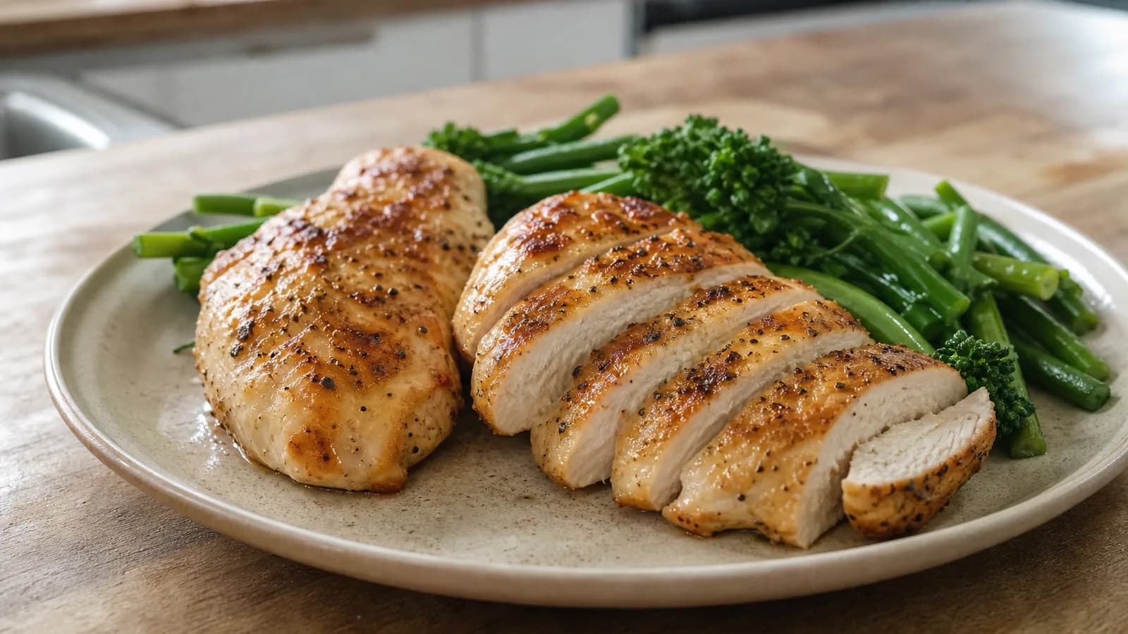 Juicy pan-cooked chicken breasts sliced beside green vegetables