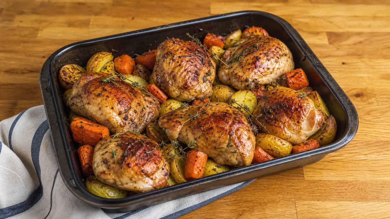 Golden roasted chicken thighs with potatoes, carrots and herbs