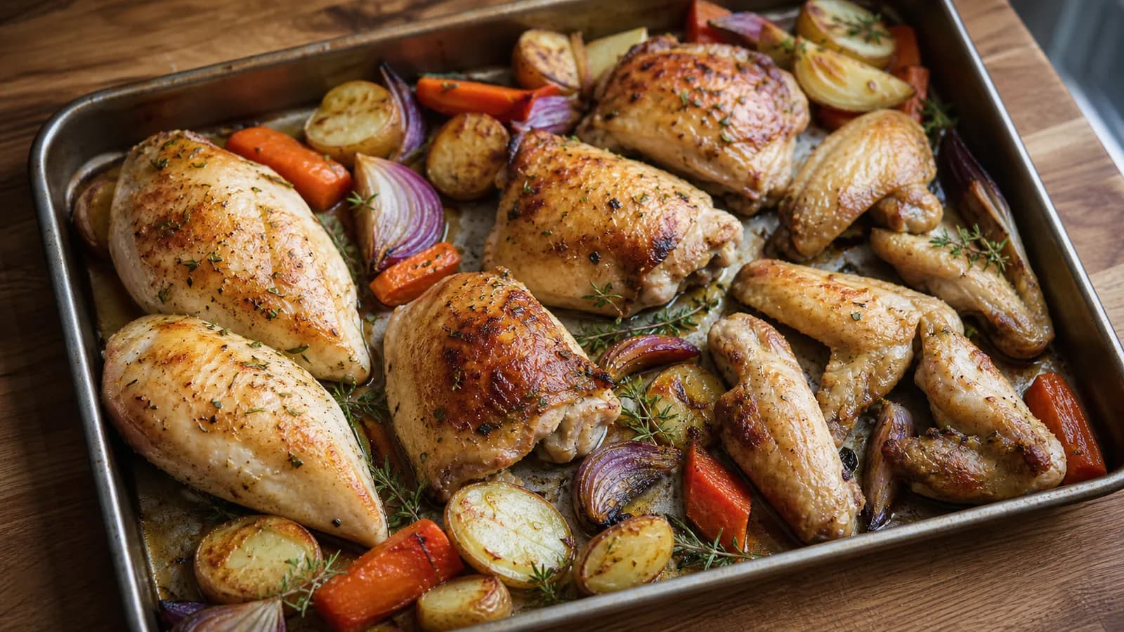 Cooked chicken breasts, thighs and wings with simple roasted vegetables