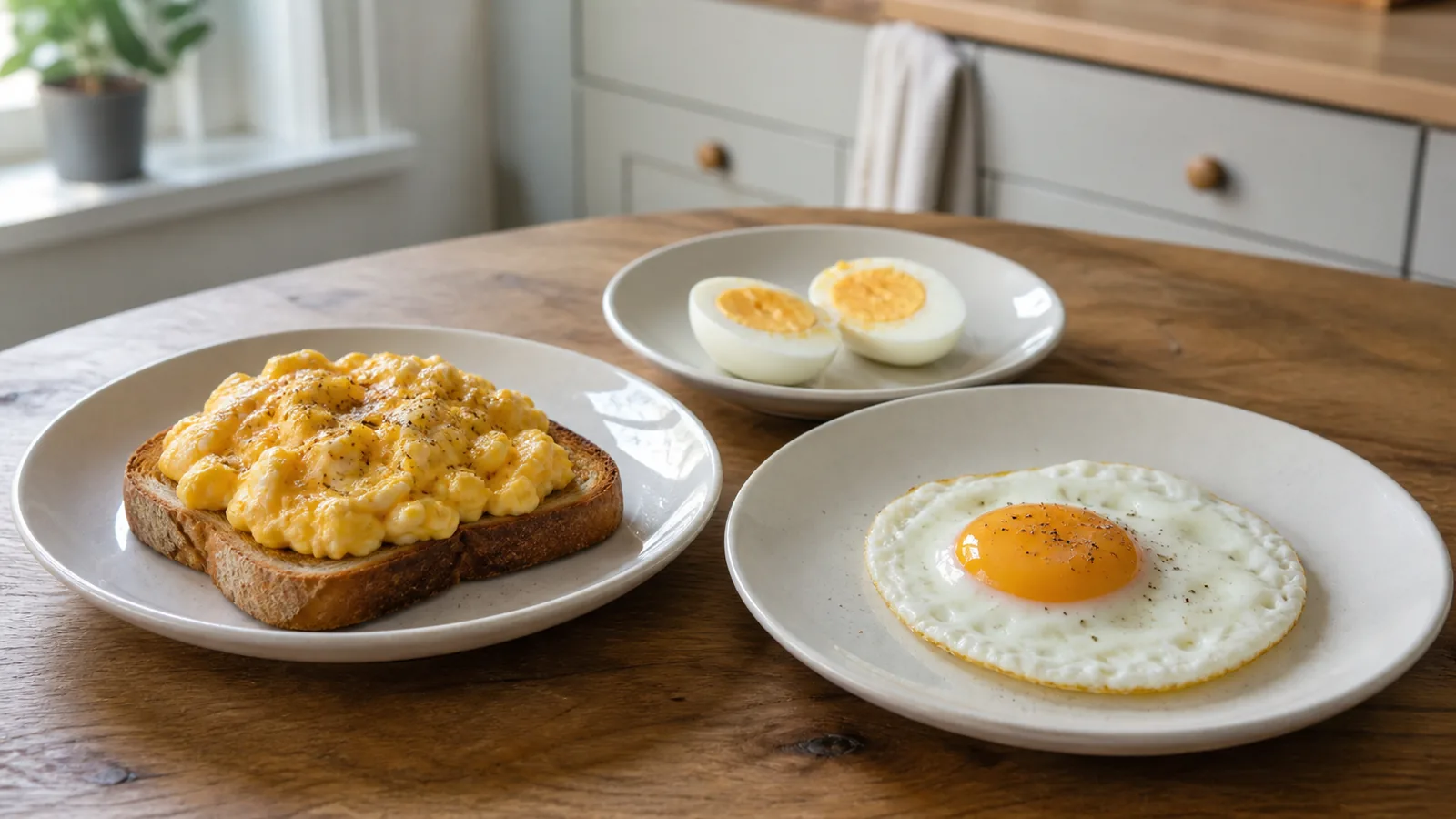 Scrambled, fried and boiled eggs on simple plates