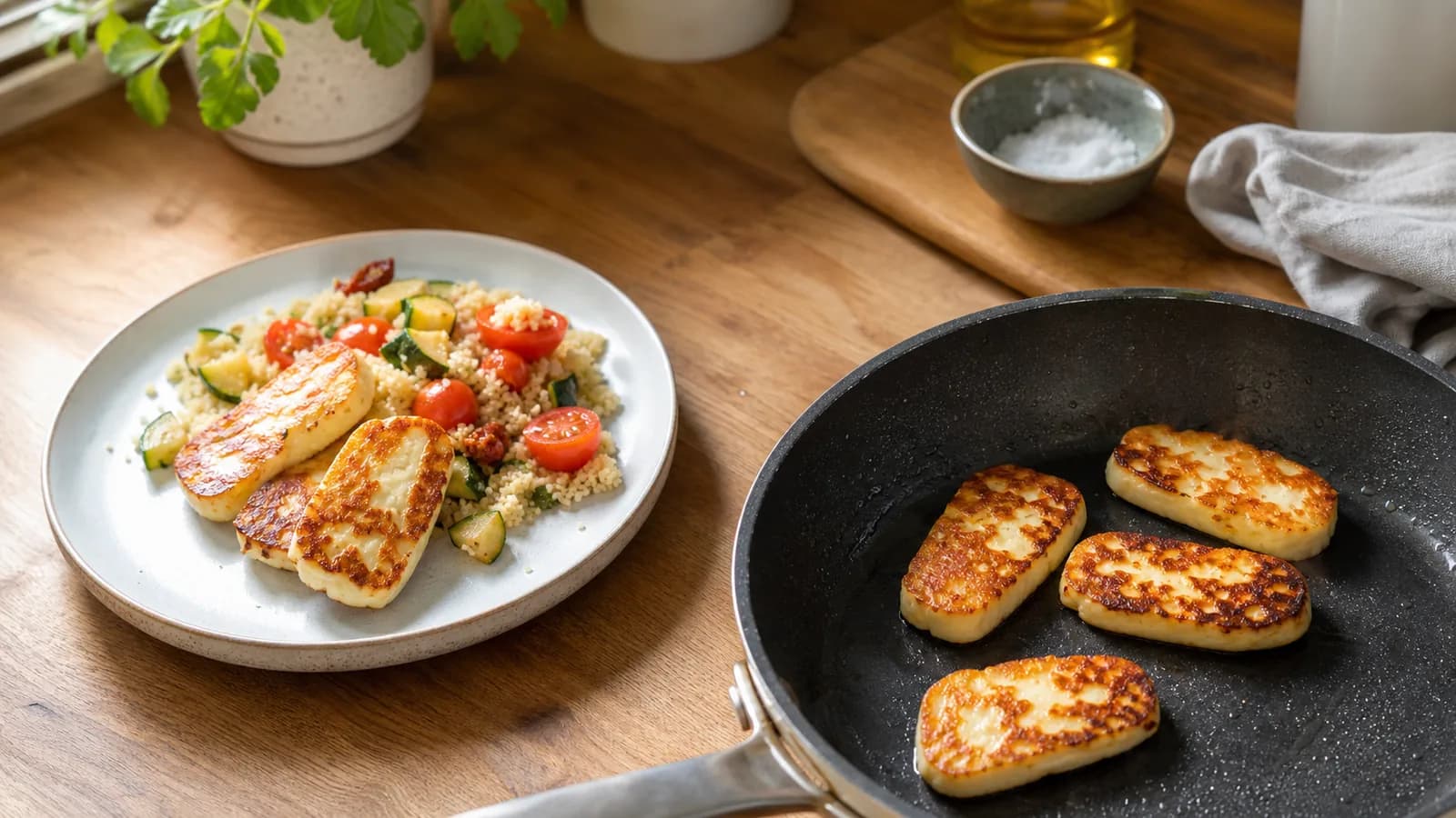 Golden pan-fried halloumi with couscous, tomatoes and courgette