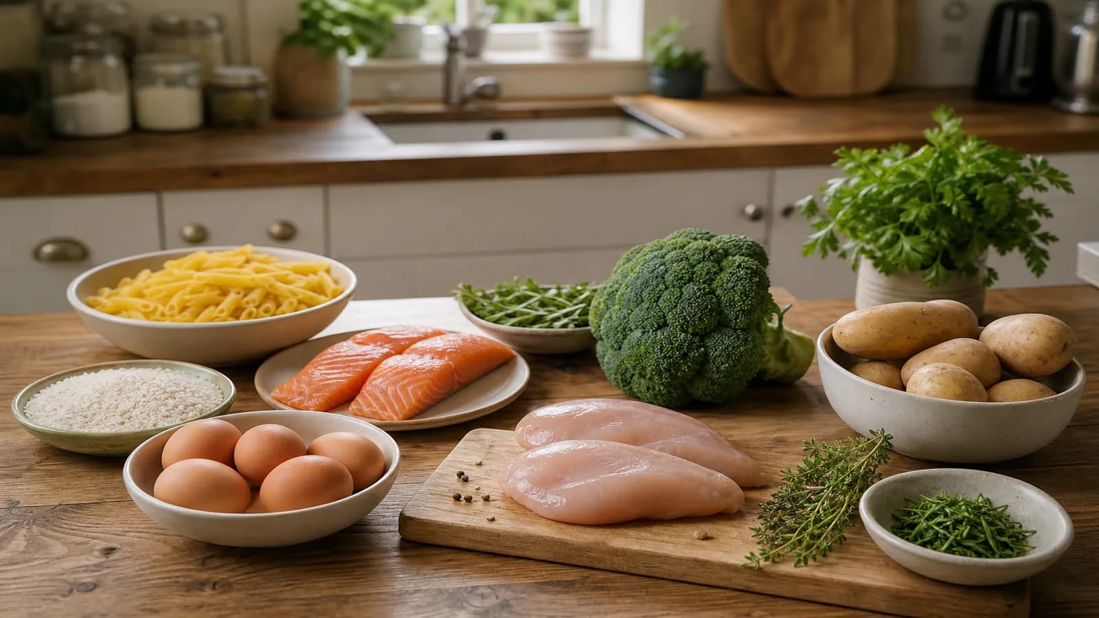 Everyday chicken, rice, pasta, eggs, salmon, broccoli and potatoes ready to cook
