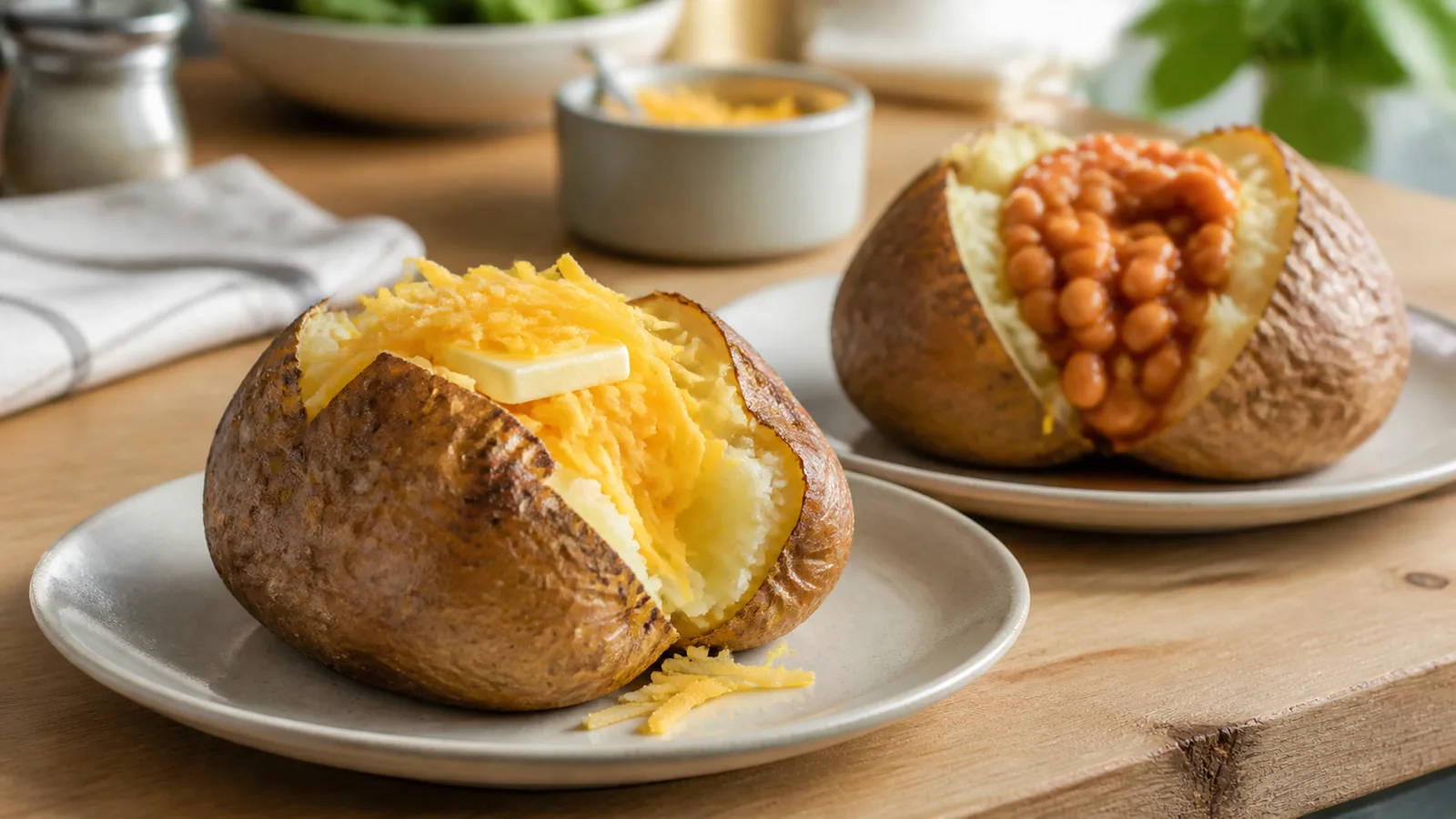 Crisp jacket potatoes with fluffy centres, cheese and baked beans