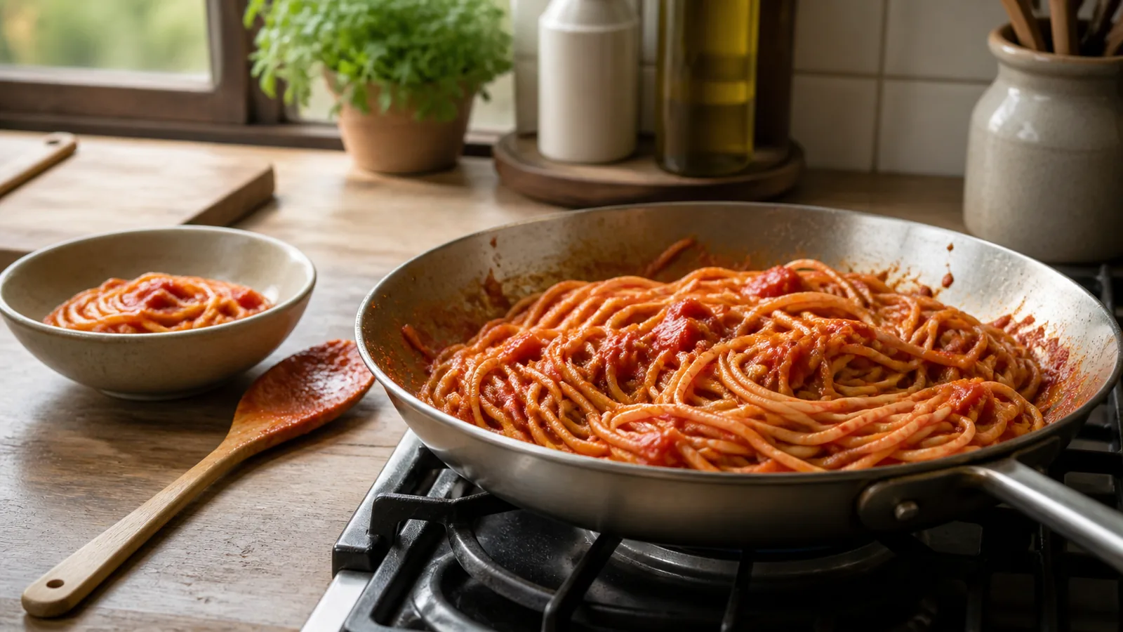 Simple tomato pasta being finished in a shallow home kitchen pan