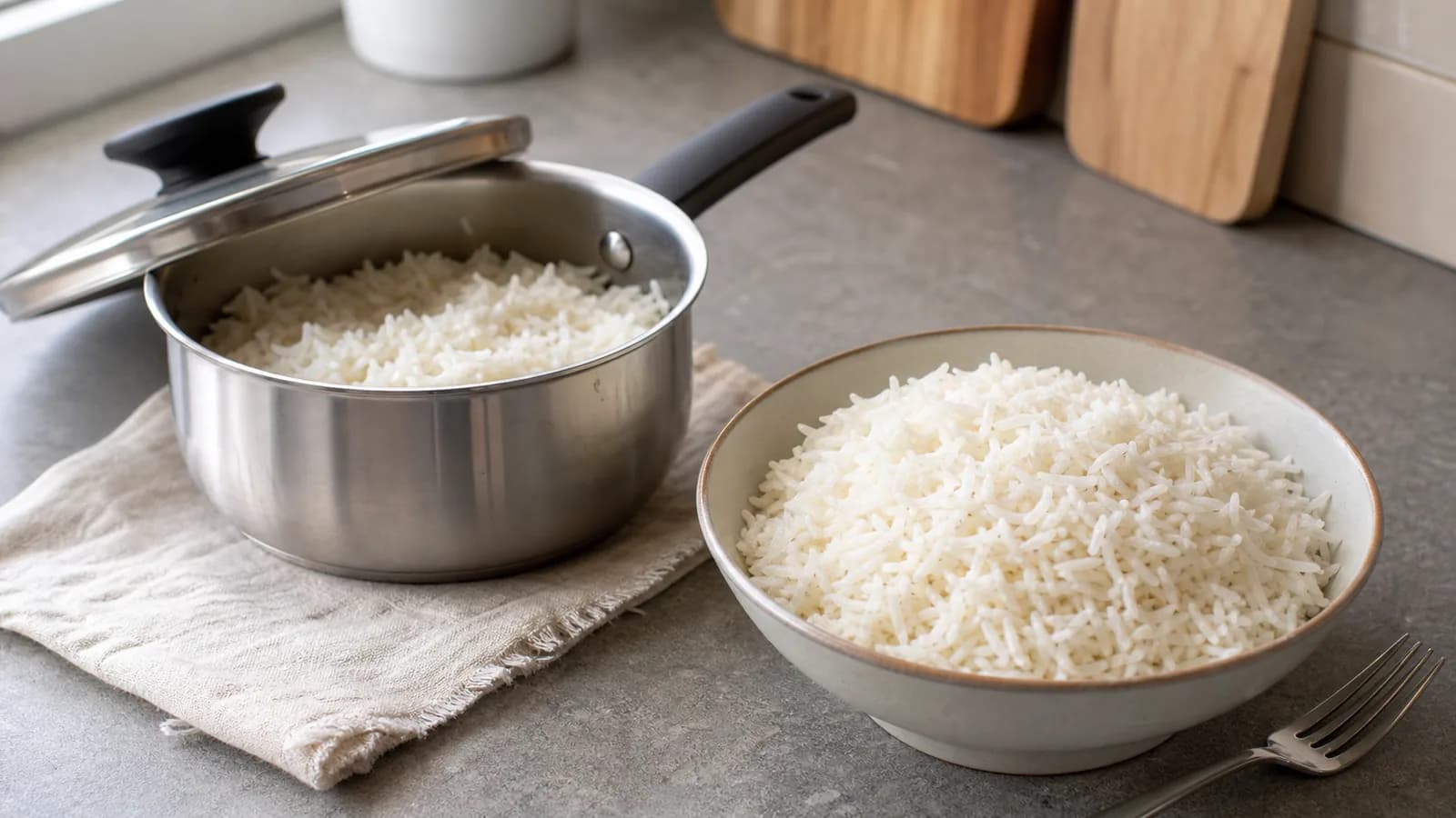 Fluffy basmati rice in a small saucepan and serving bowl