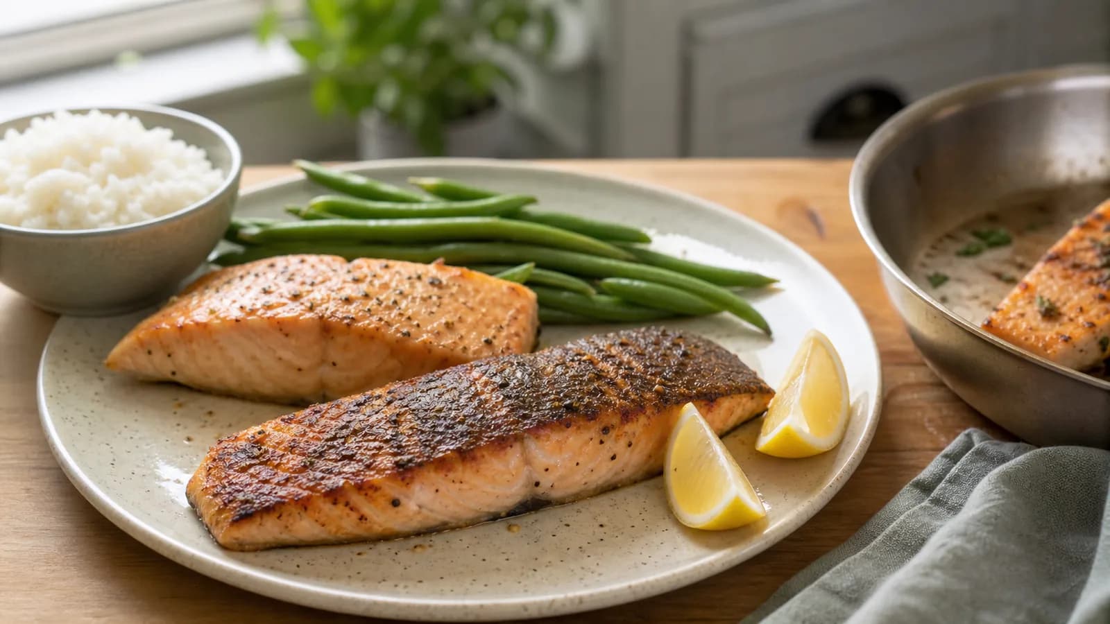 Pan-cooked salmon fillets with rice, green beans and lemon