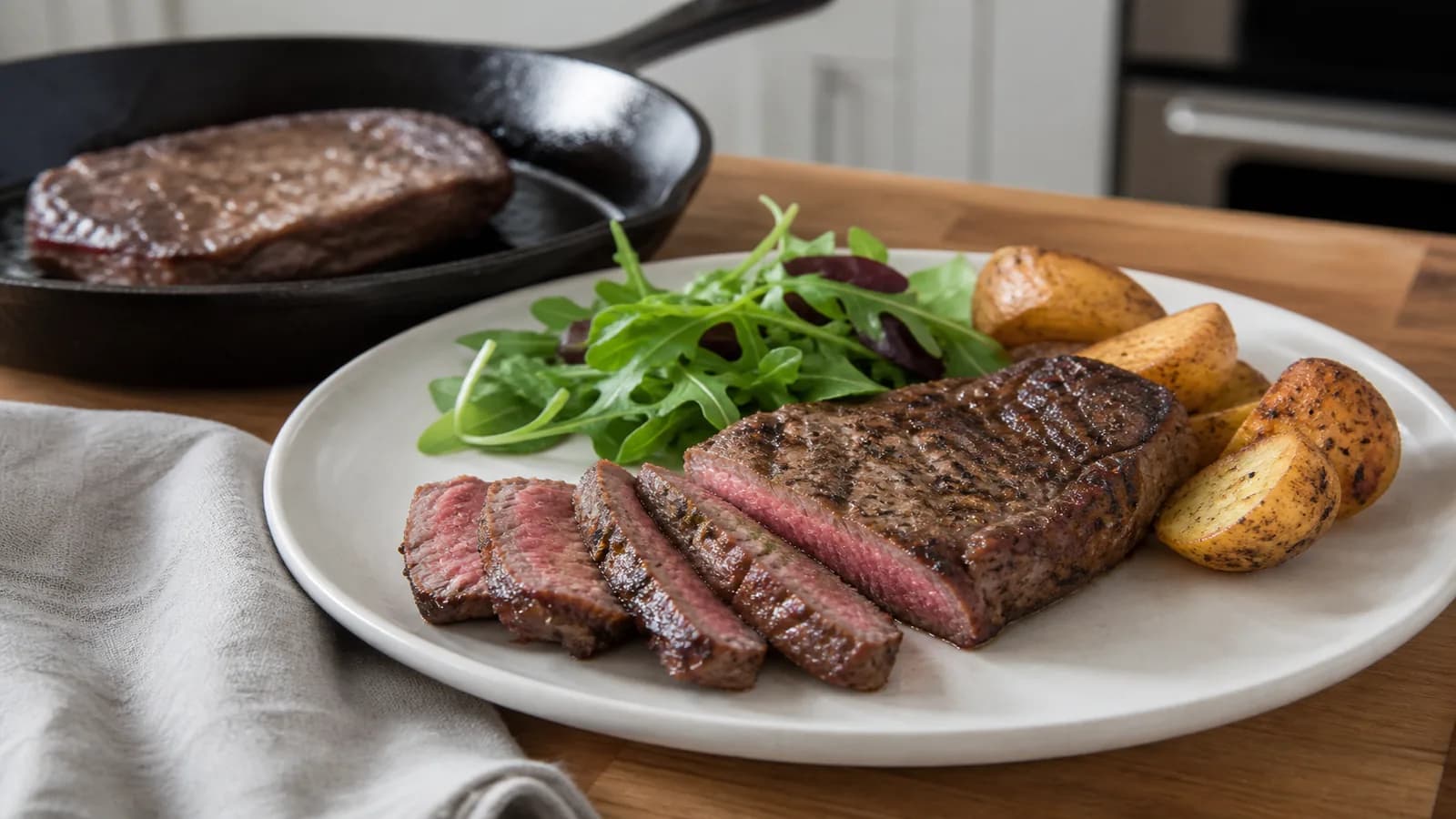 Home-cooked medium-rare steak sliced with potatoes and green salad