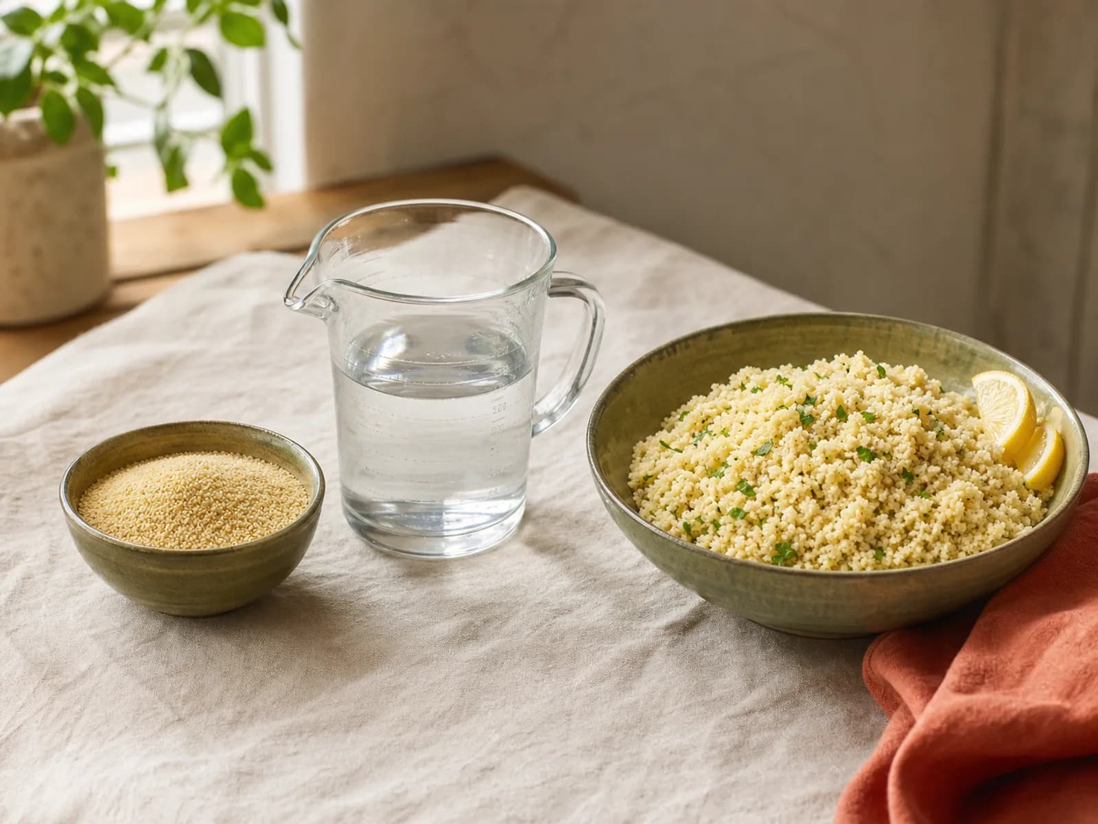 Dry couscous, measured water and a bowl of fluffy prepared couscous with lemon