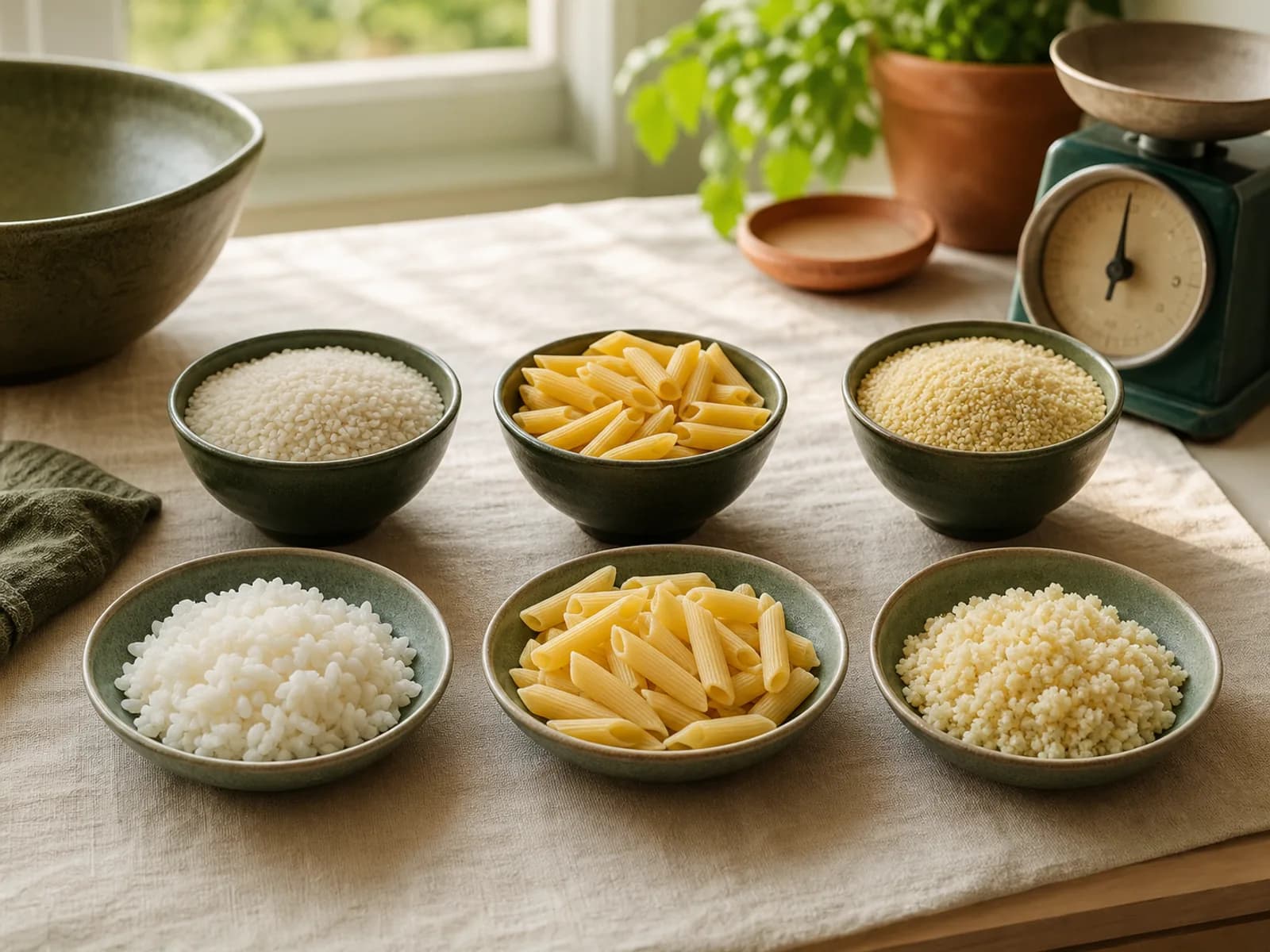 Dry and cooked portions of rice, pasta and couscous beside a kitchen scale