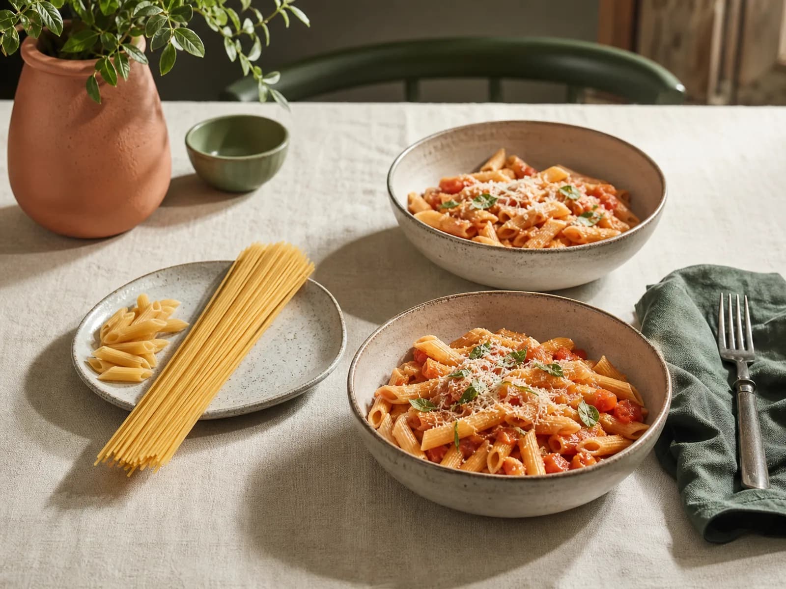 Dry spaghetti and penne measured beside two bowls of tomato pasta