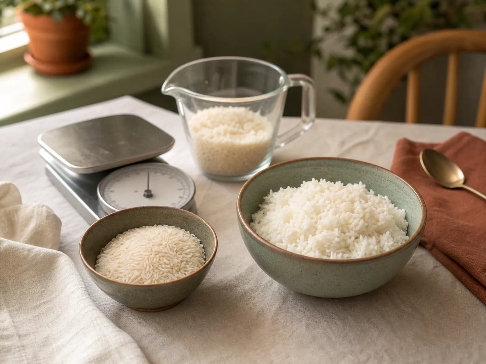Bowls of measured dry white rice and fluffy cooked rice beside a kitchen scale