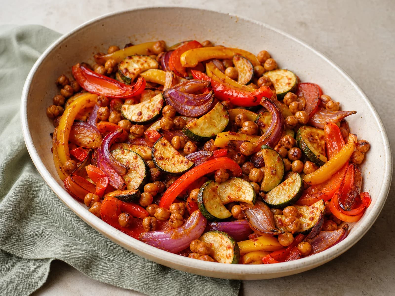 Harissa chickpea and vegetable traybake