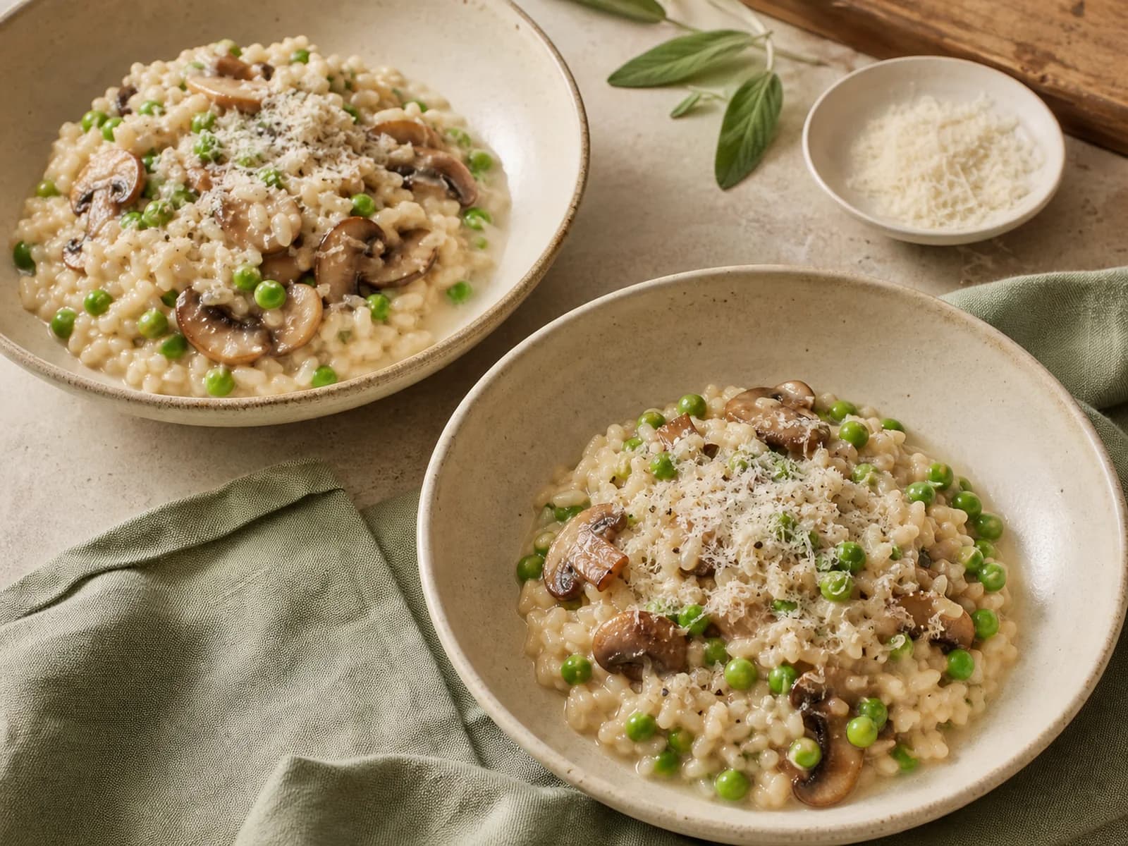 Mushroom and pea risotto for two