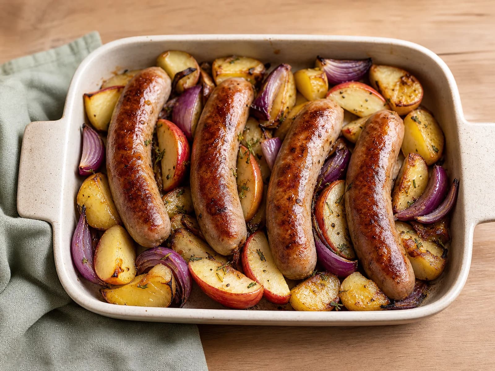 Sausage and apple traybake for two