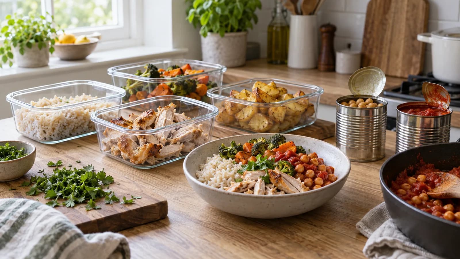 Small containers of cooked rice, chicken, potatoes and vegetables with open tins of chickpeas and tomatoes